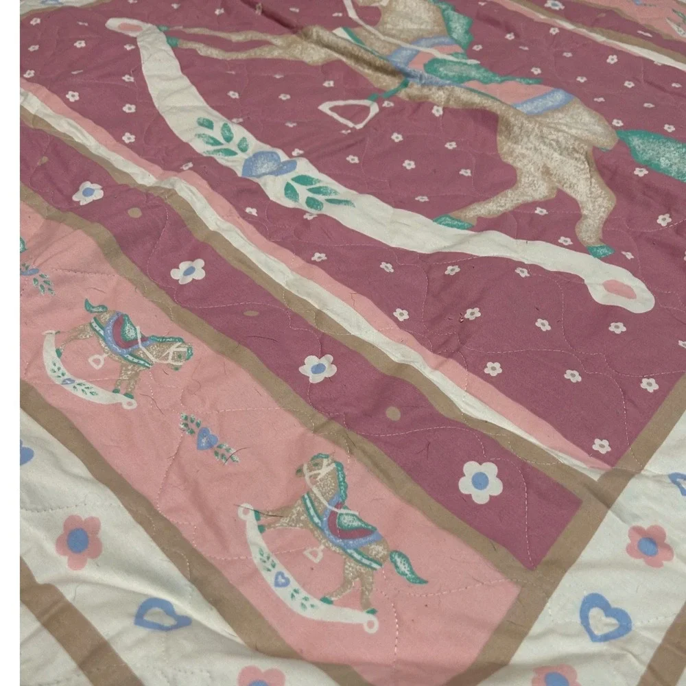 Vintage Rocking Horse Quilted Baby Blanket Pink Blue Eyelet Lace Ruffle Trim